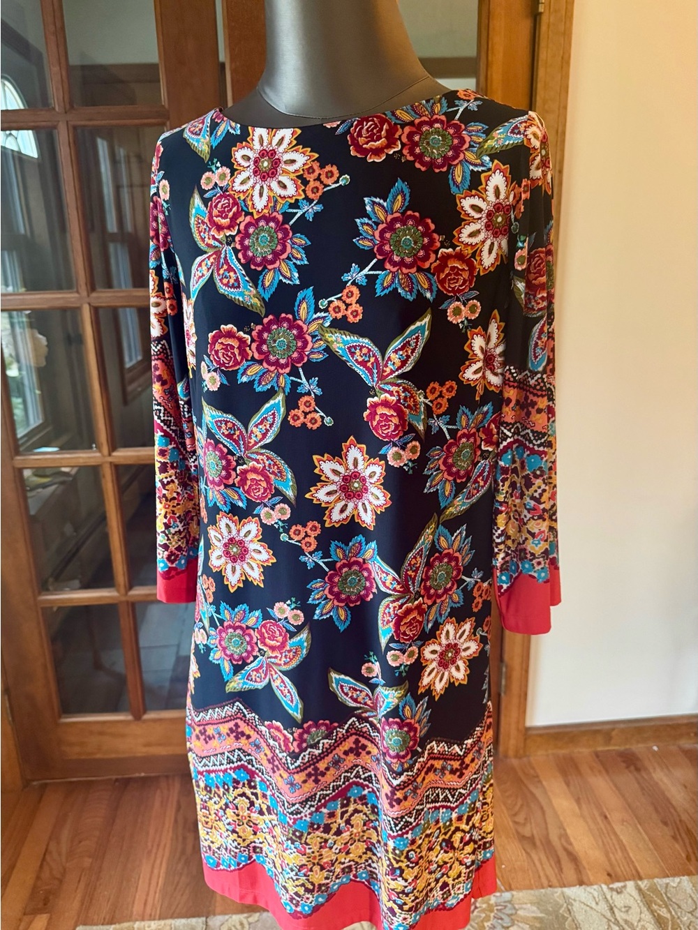 Enfocus Studio Black Floral Long Sleeve Dress with Red Accents